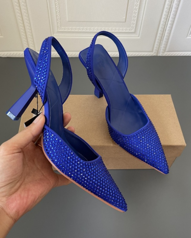 2023 Pointed Toe Mules Shoes Woman Stilettos Back Strap High Heels Black  Hot Drill Rhinestones Summer Party Ladies Sada Color Blue Shoe Size 36