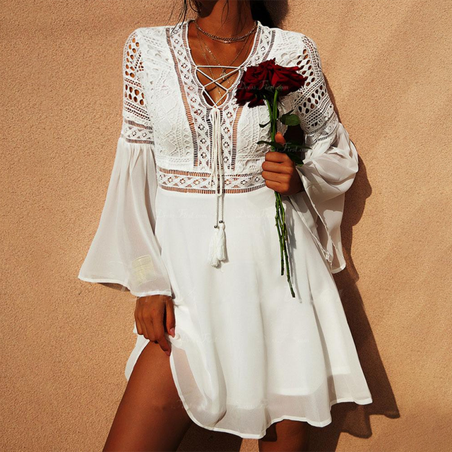 White Dress For Woman V Neck Lace 