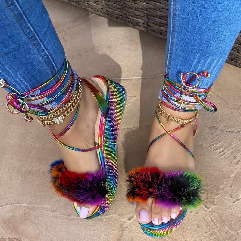 2023 Women Furry Platform Sandals Woman Rainbow Rhinestone Cross