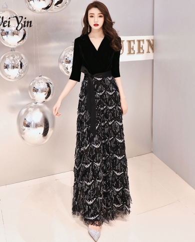 Weiyin Luxury Black Long Sequin Evening 