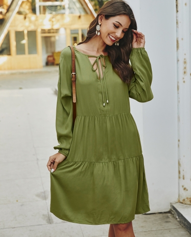 Femme Casual Midi Dress V Neck Tie Up 