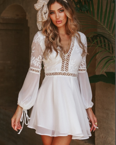 Summer White Dress V Neck Lace Hollow 