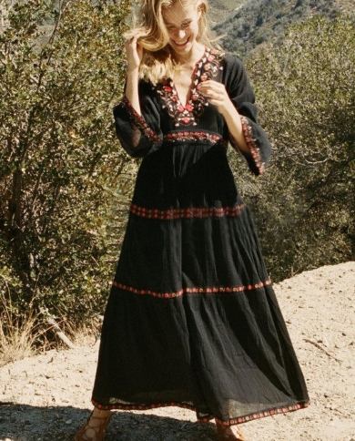 Women's Spring Long Maxi Dress V Collar 