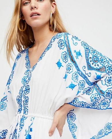 Flower Design White Cotton Dress 