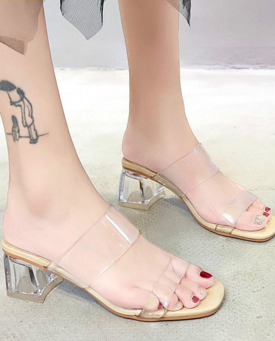 Hot Clear Heels Slippers Women Sandals Summer Shoes Woman Transparent High Pumps Wedding Jelly Buty Damskie   Square Hee