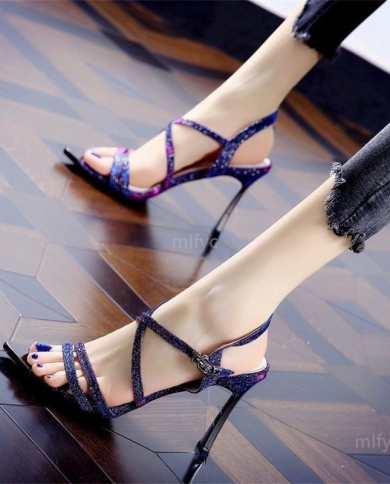 Sandals Female Fairy Style Trend 2022new Sequined High Heels Female Summer Stiletto Cross One Word Buckle Female Fashion