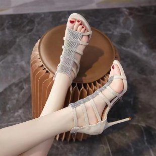Women Gladiator Sandals High Heels Dress Shoes Narrow Band Sandal Boots  Bling Glitter Stilettos Sandalias Mujer Color Beige Shoe Size 34