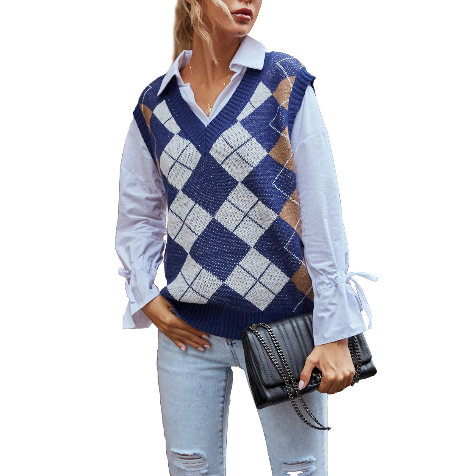 Argyle Plaid Knitted Tank Top Female 