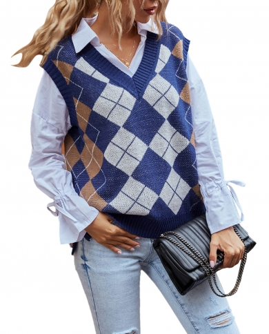 Women's Argyle Plaid Sweater Casual Long Sleeve V Neck Knitted