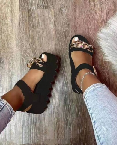 Brand Chain Thick Platform Women Sandals Summer 2022 New Wedges Ladies  Slippers Gladiator Women Shoes Mujer Flats Rome S Color Black Shoe Size 36