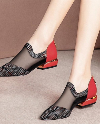 Summer Women High Heel Shoes Mesh Breathable Pumps Zip Pointed Toe Heels  Fashion Female Dress Sandals Shoes Footwear Pum Color Black Shoe Size 37