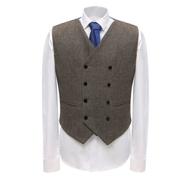 V Neck Double Breasted Herringbone Wool 