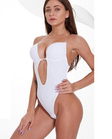 NEW Women Deep V Bodysuit Clear Strap Backless Plunge Thong Push