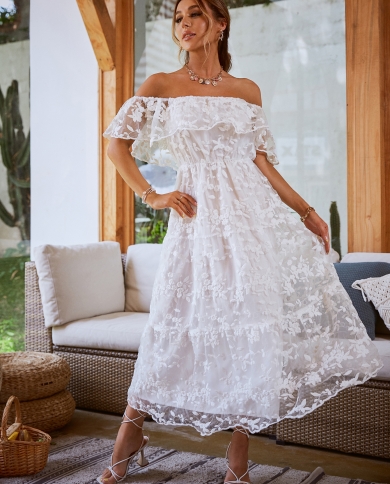 Simplee Elegant Slash Neck Tulle Women Party Dress Summer White