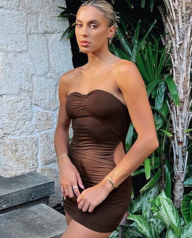 Cryptographic Cut Out Strapless Mini Dress For Women Elegant Outfits Summer  Sleeveless Backless Bodycon Dresses Vestido size S Color Brown