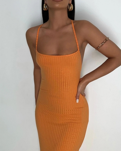 Orange Backless Maxi Dress Women 