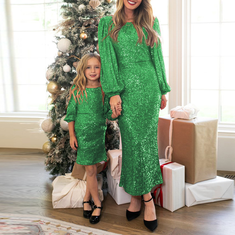 Long Glitter Party Dress Elegant Christmas Dress Long Sleeve Puff Fashion  O-neck Maxi Dress Casual Mother Son Outfitsdre Ukuran XXL Warna Kids Green