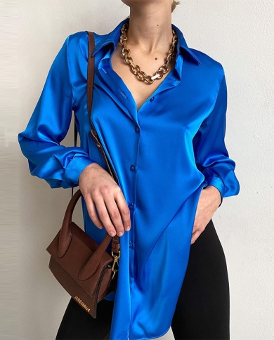 Long Sleeve Satin Womens Blouse, Blue Silk Satin Womens Tops