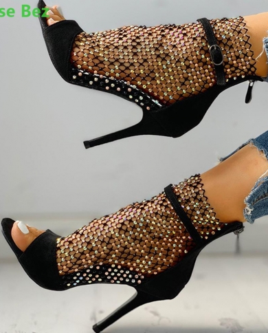 קריסטל רשת peep toe סנדלי rhinestone רוכסן 2202 נעליים חדשות לנשים חלול מוצק אופנה דק כיסוי עקב גבוה