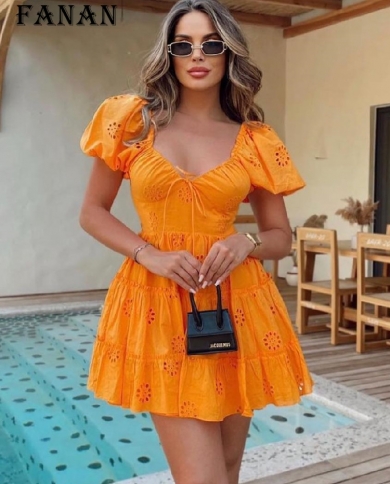 Orange Mini Dress Summer Women Fashion 