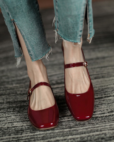 Spring Autumn Women Mary Janes Shoes Patent Leather Low Heels Dress Shoes Square Toe Shallow Buckle Strap Girls Shoes