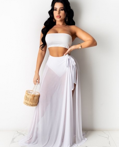 High Waist Slit Beach Skirts Summer See Through Lace Up Maxi Aline Skirt  Womens Bikini Coverups Solid Color Chiffon Ski size One size Color White