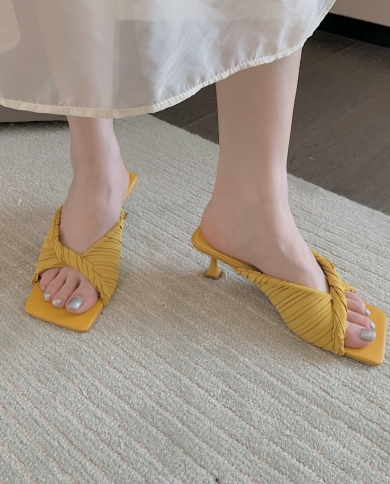 2023 Summer New High Heels Slippers Woman Square Toe Fashion