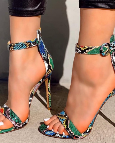 New Women Color Snake Print High Heel Sandal Lady Stiletto Peep Toe Buckle Gladiator Pumps Stripper Summer Fetish Platfo