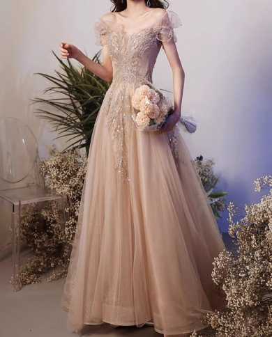 Luxury Champagne Long Evening Dresses Boat Neck Aline Shiny Lace Appliquins  Beaded Long Prom Formal Gowns Off The Should Color Photo Color US Size 16W