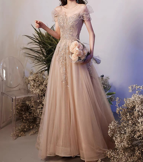 Luxury Champagne Long Evening Dresses Boat Neck Aline Shiny Lace Appliquins Beaded Long Prom Formal Gowns Off The Should Color Photo Color US Size 16W Luxury Champagne Long Evening Dresses Boat Neck Aline Shiny Lace Appliquins Beaded Long Prom Formal Gowns Off The Should Color Photo Color US Size 16W
