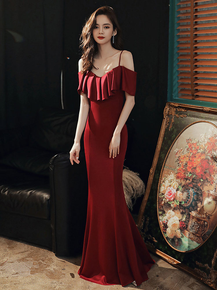 Spaghetti Strap Burgundy Evening Dresses Mermaid Elegant Party Prom Gowns  Ruffles Taffeta Formal Occasion Dress Sleevele Color Burgundy US Size XXL