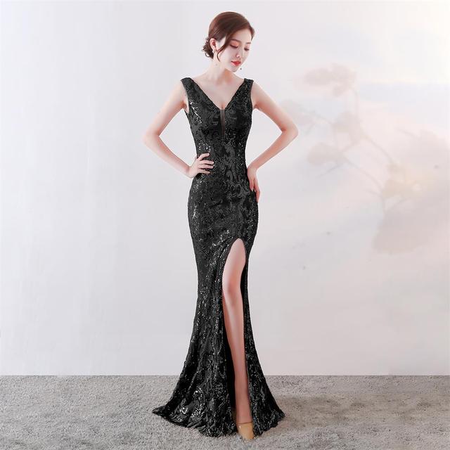 Vneck Backless Evening Dresses Embroidered Tulle Formal Dress High Split  Women Formal Gown Gold Long Robe Sleeveless Dr Color Black US Size 8