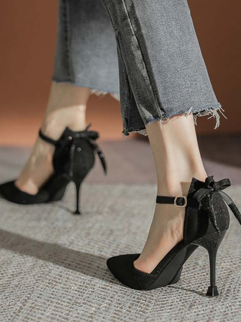 20232 Summer Pointed Toe Thin Heels Lady Party Casual Fashion Black Vintage  Shoes Slim Elegant High Heel Women Shoes Color Black Shoe Size 35
