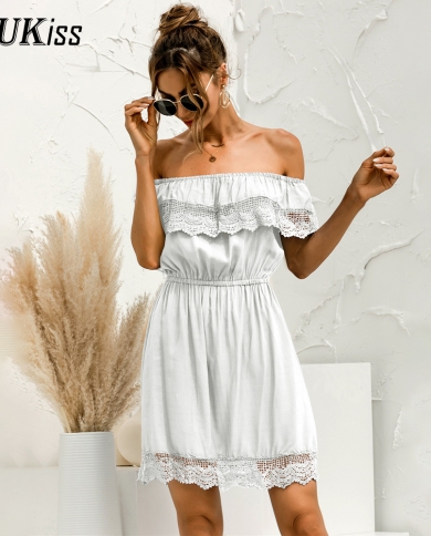 Off Shoulder Mini Dress Women Summer 2023 Fashion Short Sleeve Black Lace  Solid White Elegant Dresses Casual Robe Femme size XL Color White