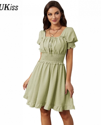 Short Puff Sleeve Midi Dress Women 