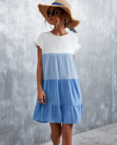 2023 Summer New Elegant Patchwork Color Ruffles Short Sleeve Mini Dresses  Women Casual O Neck Loose Swing Beach Holiday size L Color Dark Blue
