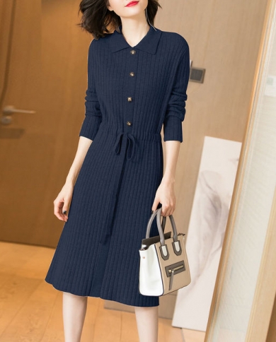 Women Knitted Casual Dresses Fall Winter Turn Down Collar Buttons Lace Up  Midi Dress Elegant Female Long Sleeve Sweater size XXL Color Navy blue