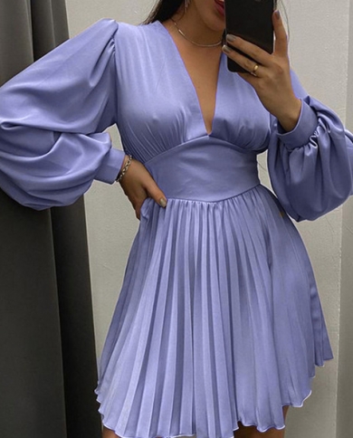 Women's V Neck Satin Pleated Dress Fall 