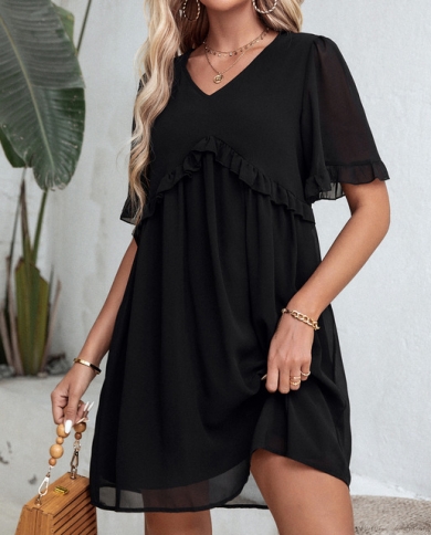 Black Dress Womens Summer Short Sleeve V Neck Mini Dress Chiffon