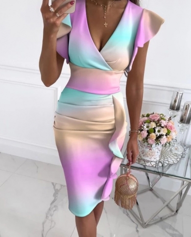 Women V Neck Pleated Slim Knee Length 