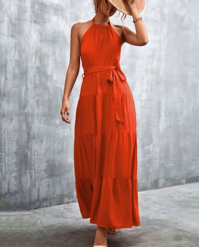 Elegant Womens Halter Long Dress Summer Backless Slim Lace Up Package Hip  Fishtail Dress Vestidosdresses size XL Color Orange Red