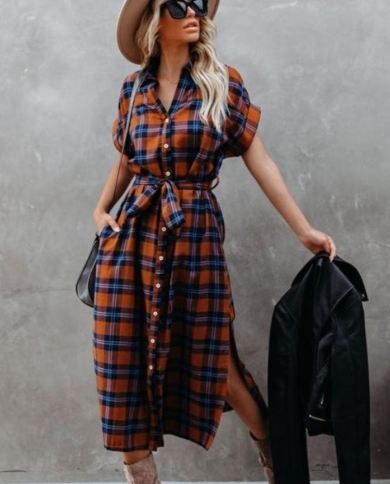 Women Plaid Shirt Dress Casual Turn Down Collar Short Sleeve Button Pockets  Sashes Midi Dress 2023 Summer Streetwear Rob size S Color Plaid