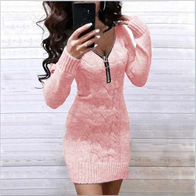 Zipper V Neck Sweater Bodycon Dresses 