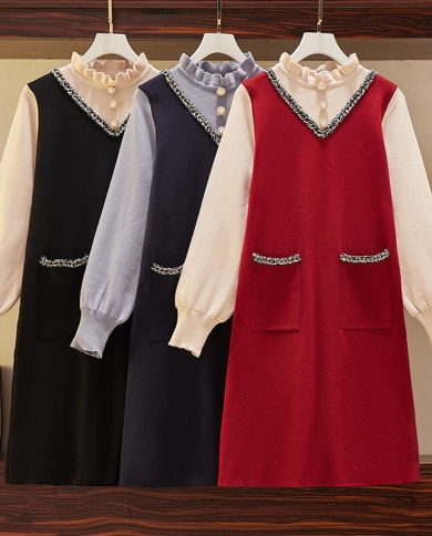 Knitted Dress Women Elegant Ruffle 