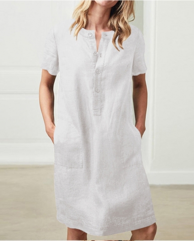 2022 Women Short Sleeve Button Cotton 
