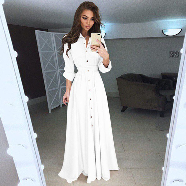 Casual Button Shirt Long Dress Female 