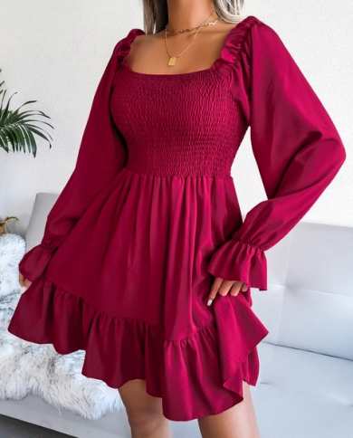 Chiffon Long Sleeve Solid Color Square Collar Vacation Dresses Chiffon Long Sleeve Solid Color Square Collar Vacation Dresses