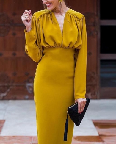 V Neck Knee Length Split Dress Women Pleated Long Sleeve Yellow Bodycon  Dress Spring Elegant Party Dresses For Women 20 size M Color yellow dress