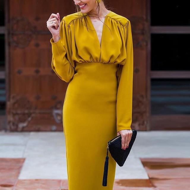 V Neck Knee Length Split Dress Women Pleated Long Sleeve Yellow Bodycon  Dress Spring Elegant Party Dresses For Women 20 size M Color yellow dress