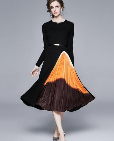 Women Elegant Knitted Midi Dress O Neck 